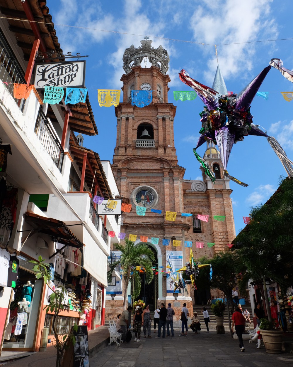 Puerto Vallarta's cathedral - the piñatas and flags are for Christmas
