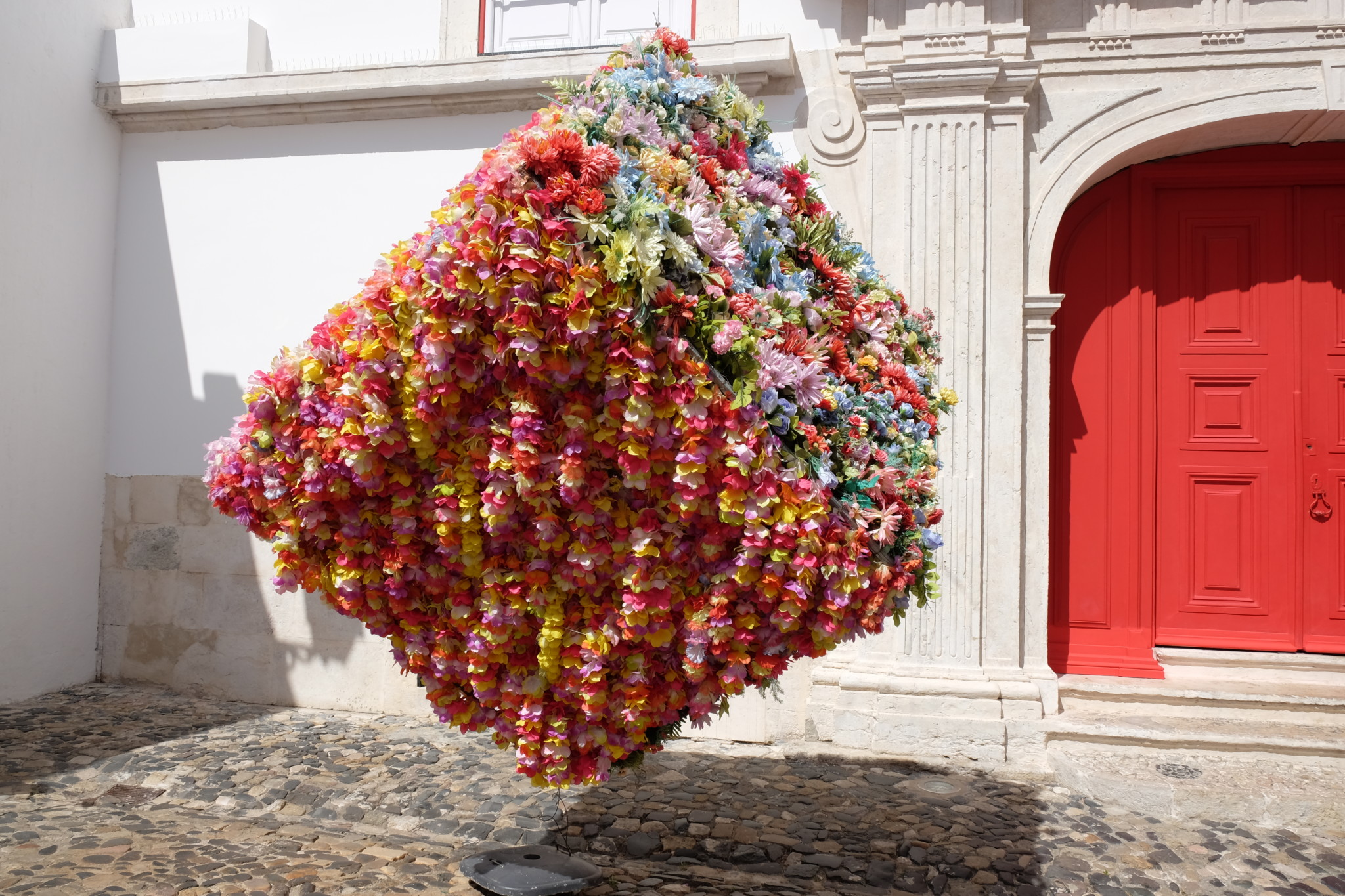 A gorgeous floral art installation in a courtyard near the Castle