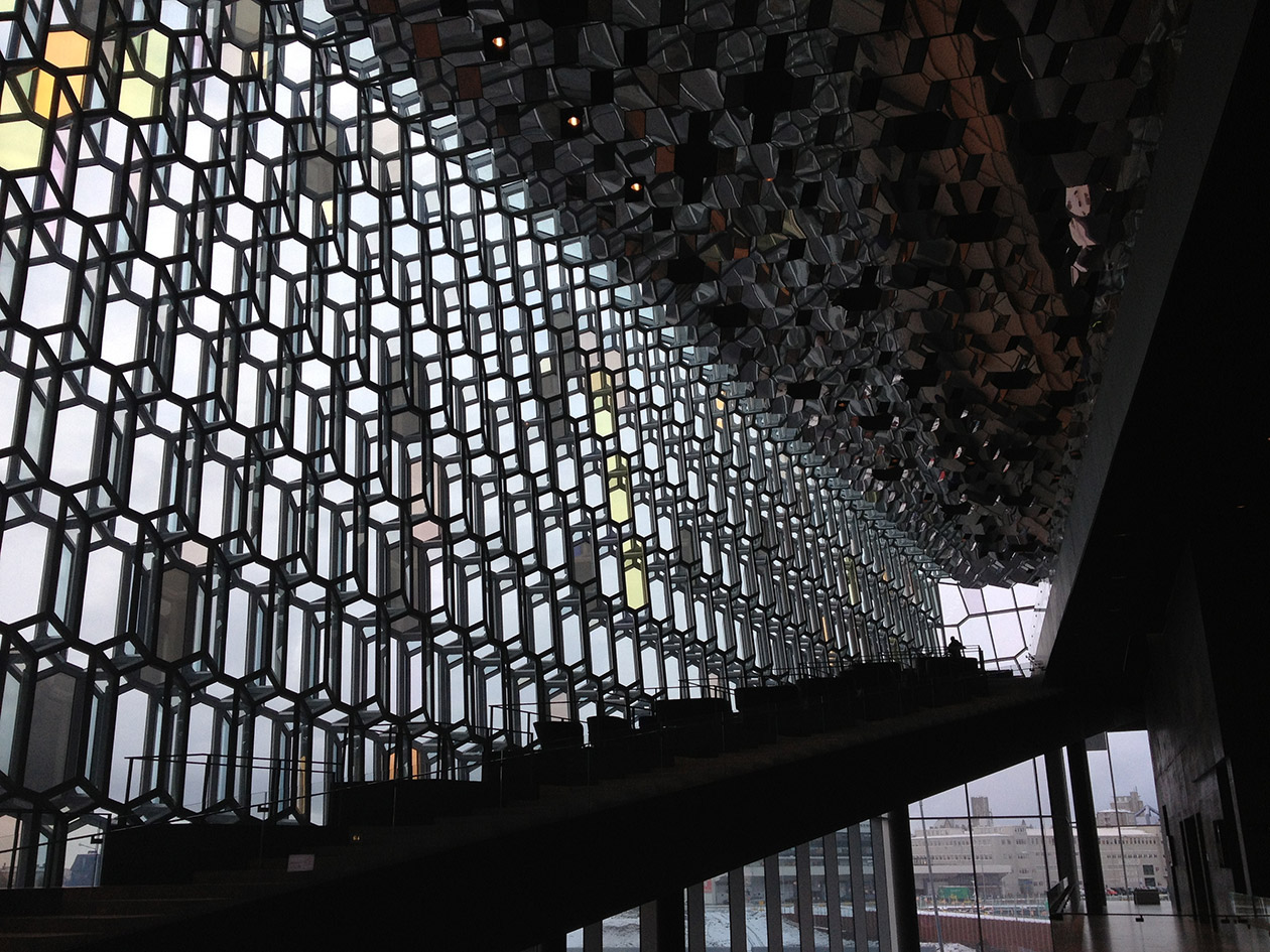 The walls of the Harpa concert hall are made of thousands of panes of glass 