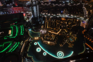 Looking down onto the Dubai Fountains from the top of the Burj Khalifa