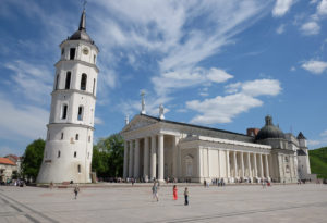 Vilnius Cathedral looks more like a Greek temple. The separate bell tower used to be part of the city's fortifications. The windows on the lower levels are just wide enough to be used by archers.