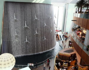 The huge waterfall at Dubai Mall celebrating Dubai's pearl diving history