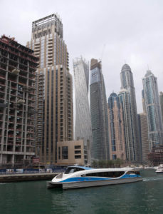 The spaceship-like water bus arriving at Dubai Marina