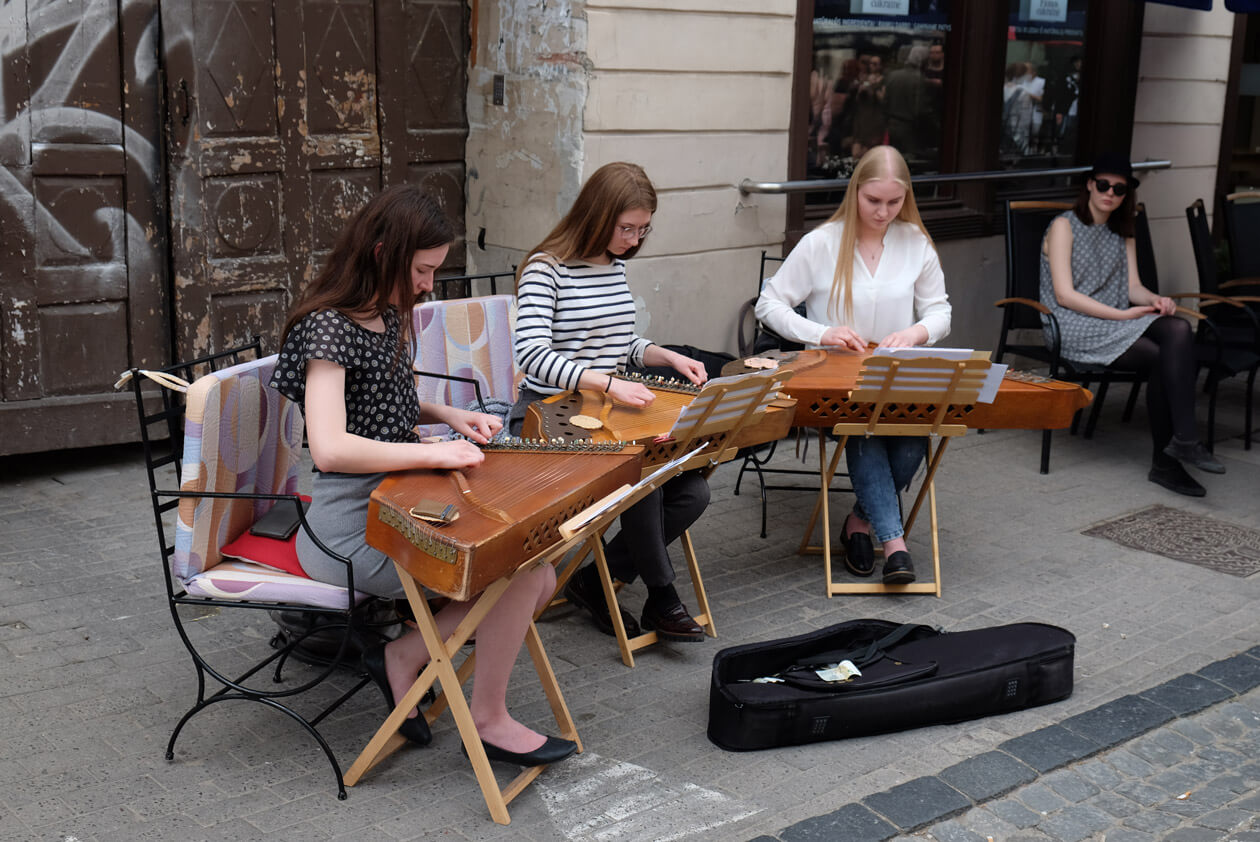 Traditional instruments on Pilies Street in Vilnius's old town