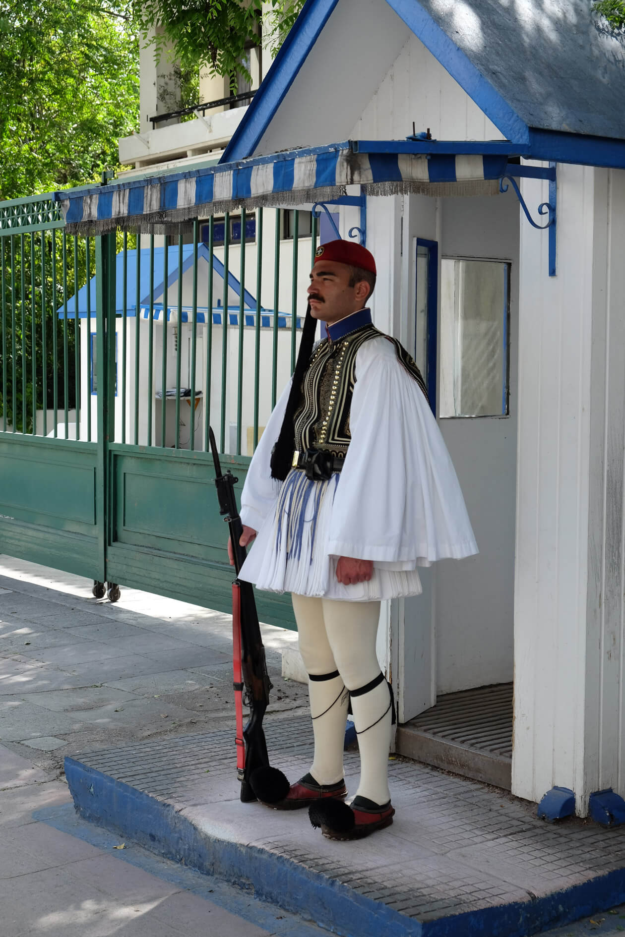 A Presidential Guard, or Evzone, at his post