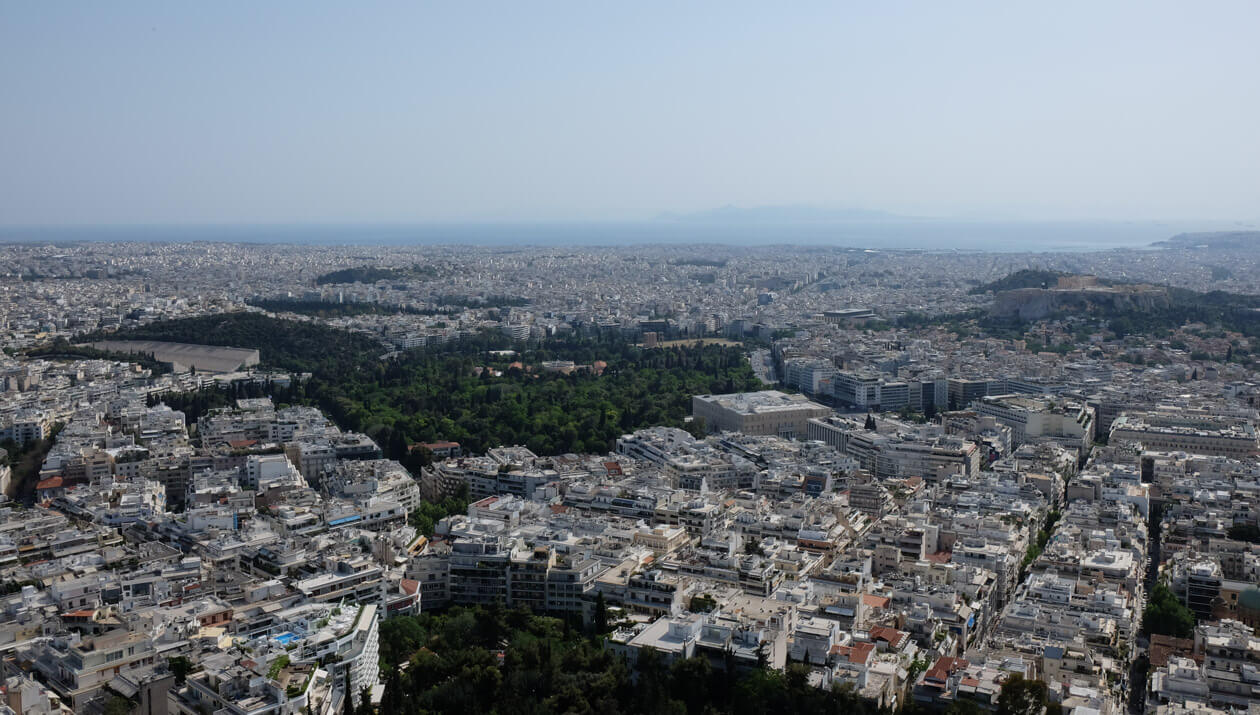 The view from the top of Lycabettus Hill, with the Panathenaic Stadium on the left and the Acropolis on the right