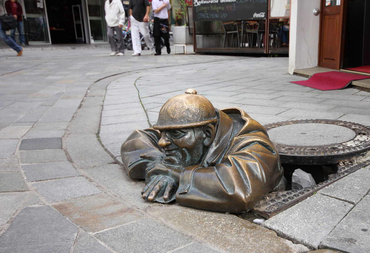 The old town in Bratislava is full of quirky statues