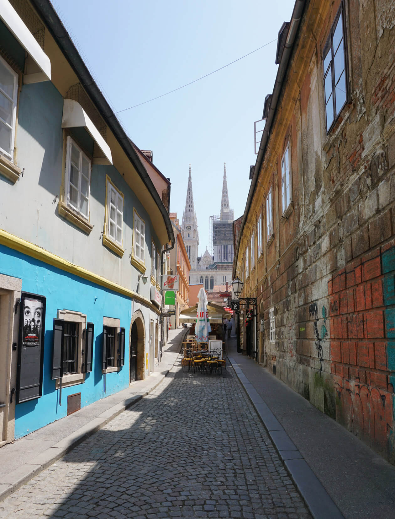 An alley off Tkalčićeva Street with Zagreb Cathedral in the background
