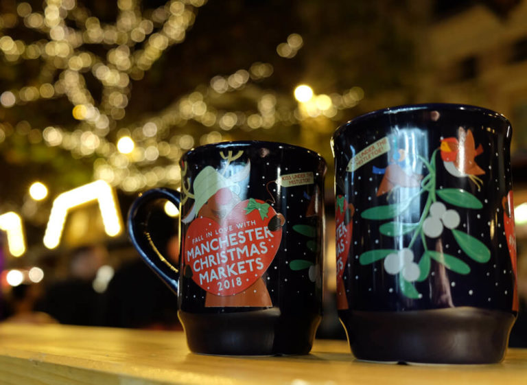 Souvenir mugs from the Manchester Christmas Markets Helen on her Holidays