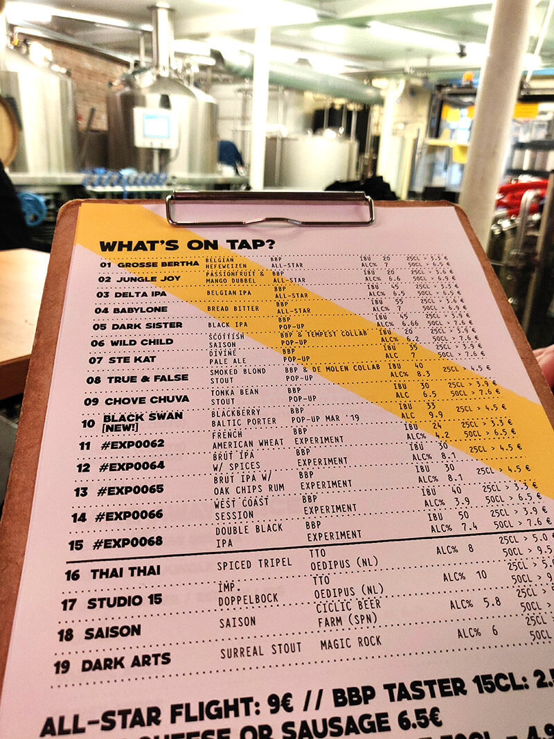 The beer menu at Brussels Beer Project - named All Star beers sit alongside the brewery's latest experimental creations