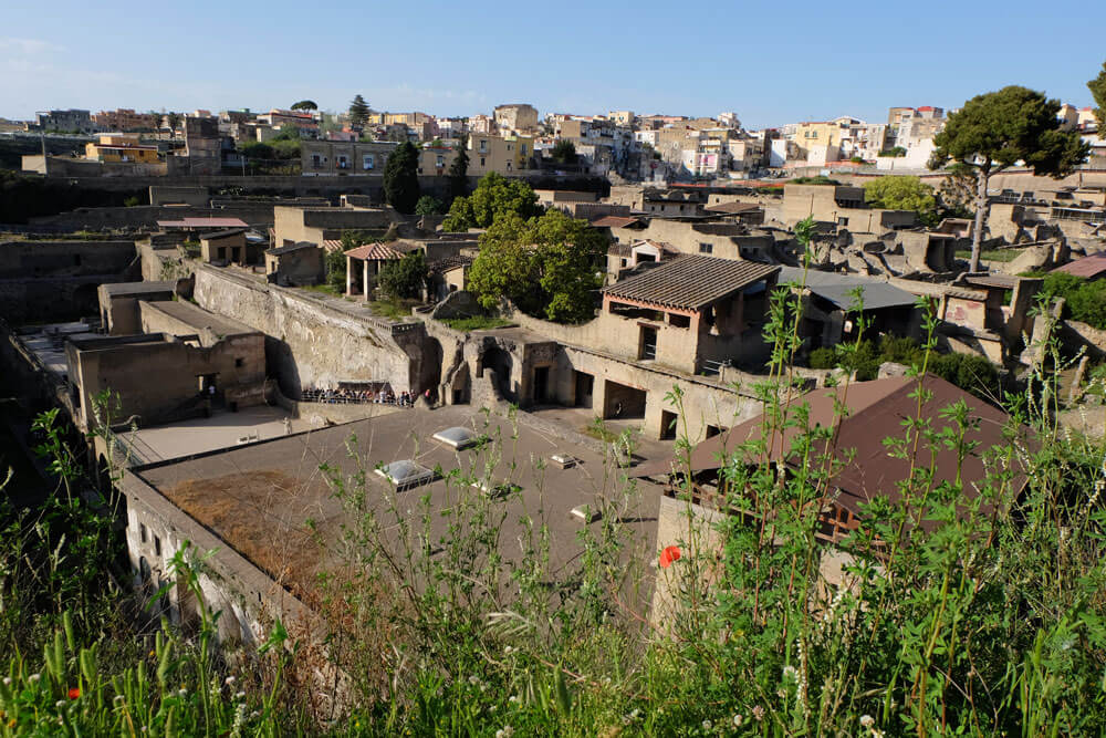 Looking down into the ancient city from street level in modern-day Ercolano