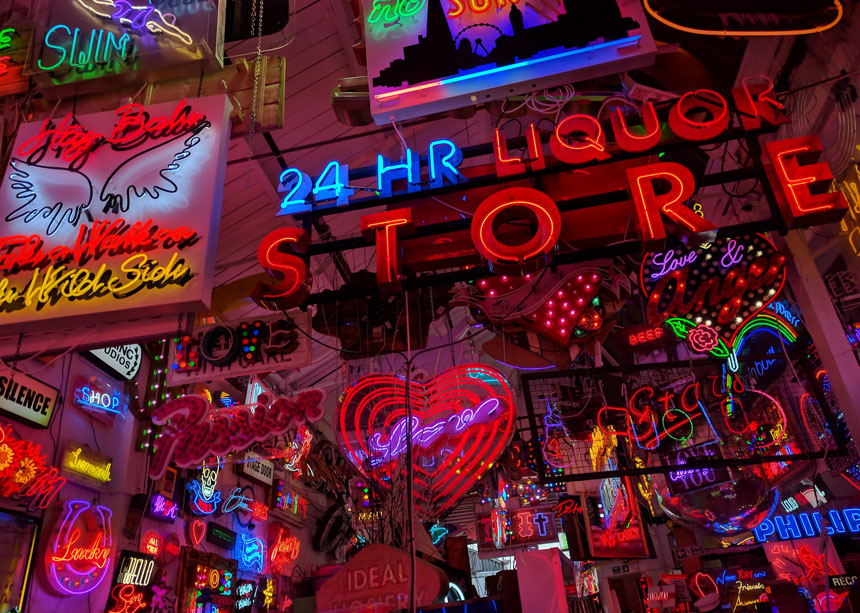 Just part of the amazing collection of neon signs at God's Own Junkyard