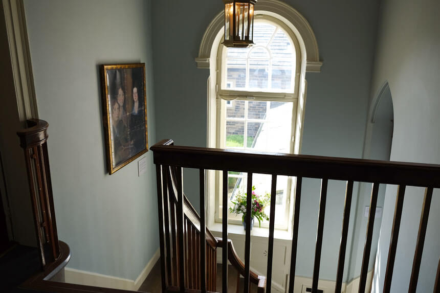 Looking down the stairs. The Parsonage is a beautiful house but many visitors are surprised by how small the house was during the Brontës' time in Haworth.