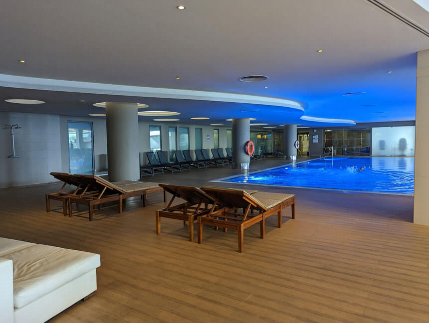 The indoor pool at the Enotel Lido hotel in Funchal. The spa and gym are behind the pool. 