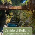 Orrido di Bellano, a magical hidden gem on Lake Como, Italy. The image is a view of the Orrido di Bellano gorge walkway. A metal walkway snakes around the edges of a rocky gorge studded with lush ferns.
