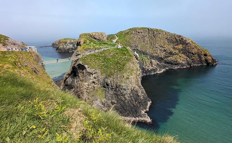 The Carrick-a-Rede rope bridge crossing high over the sea to an island