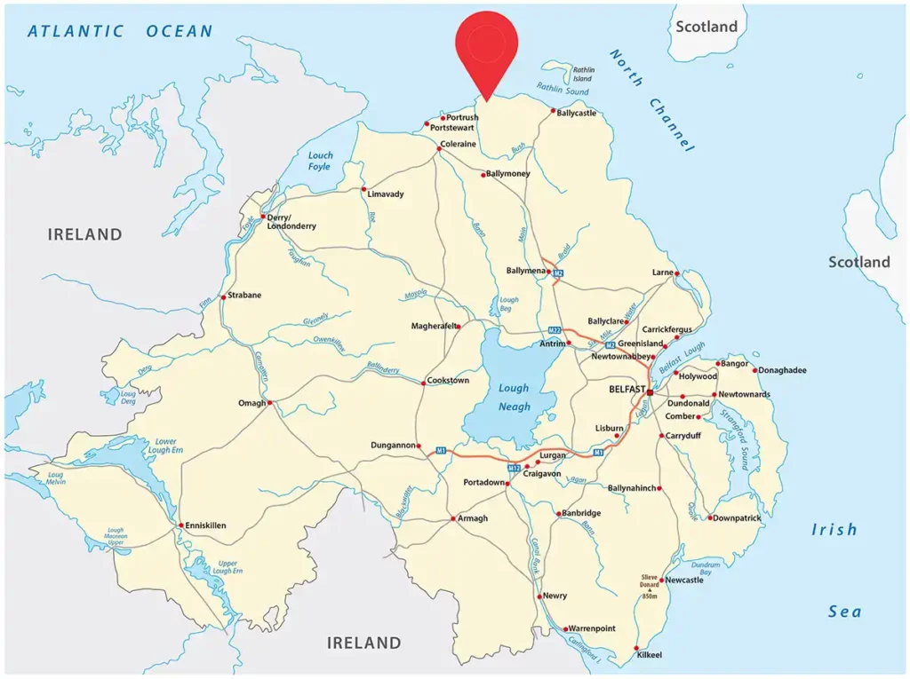 A map showing the location of the Giant's Causeway on the north coast of Northern Ireland