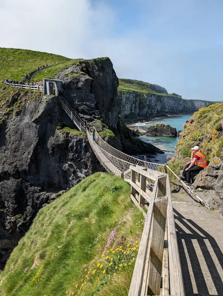 The Carrick-a-Rede rope bridge. A narrow rope bridge connects a small rocky island to cliffs on the other side. The cliffs are topped with green grass and flowers, and the sea is incredibly blue.