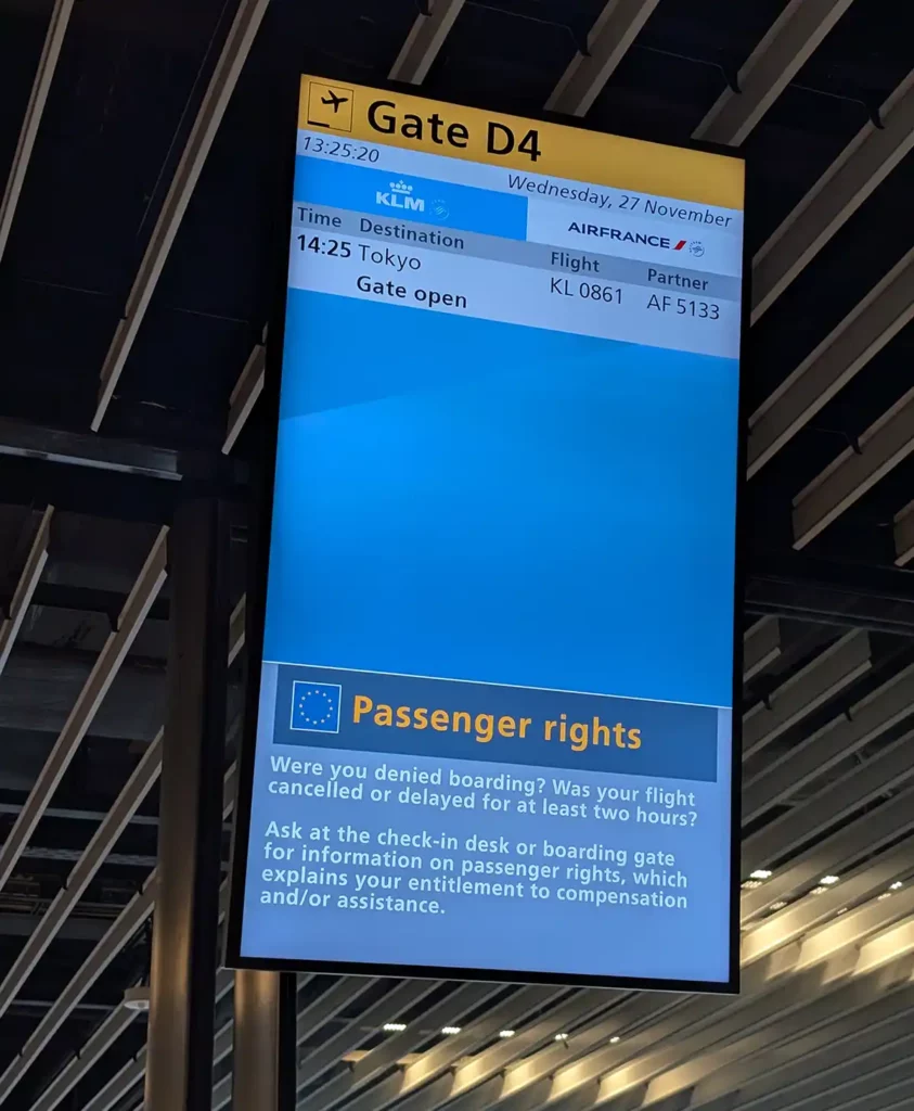 The boarding gate display at Amsterdam Schiphol airport for my KLM Premium Comfort flight to Tokyo