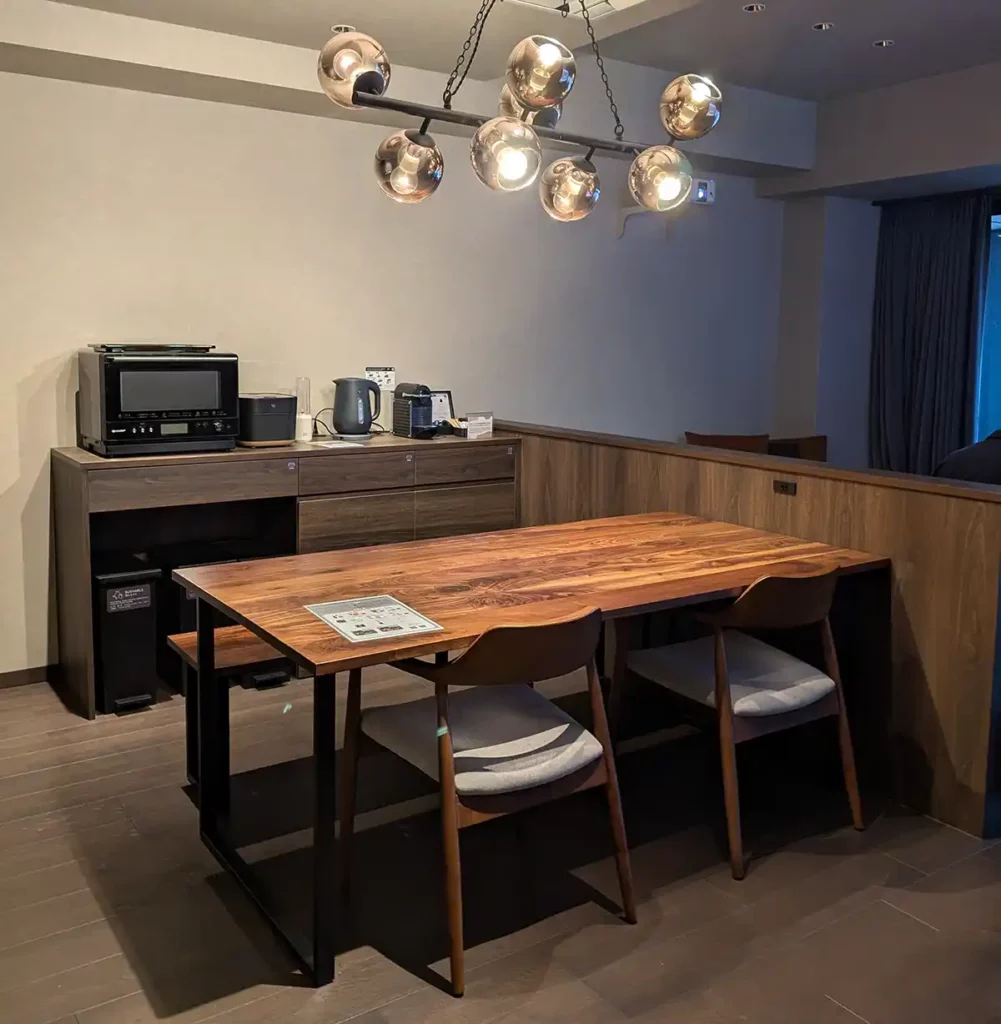 A kitchen and dining area in an apartment