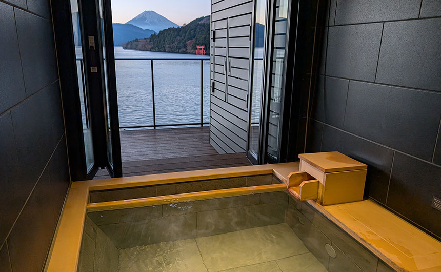 A private onsen in Hakone, with a view of Mount Fuji