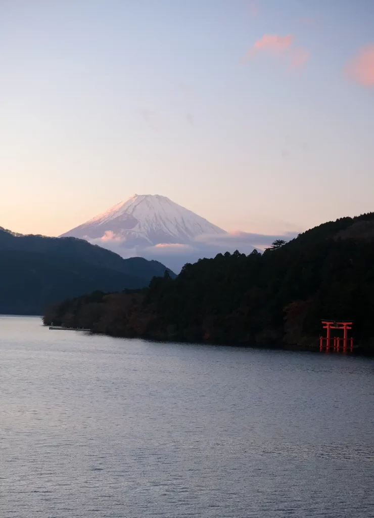 Mount Fuji at sunset, from an apartment on the lake in Moto-Hakone