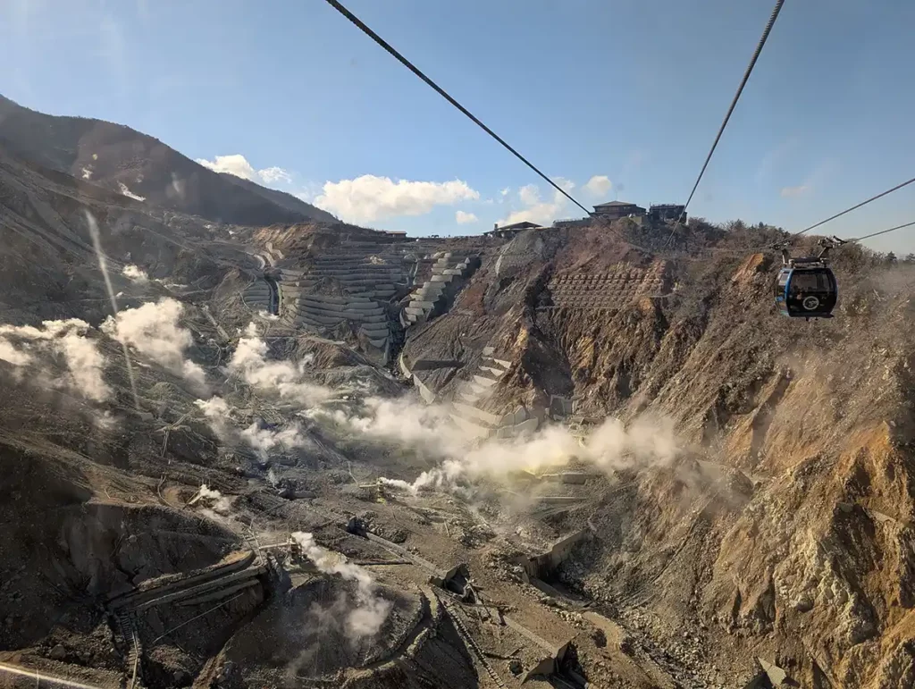 A cable car over a volcanic landscape