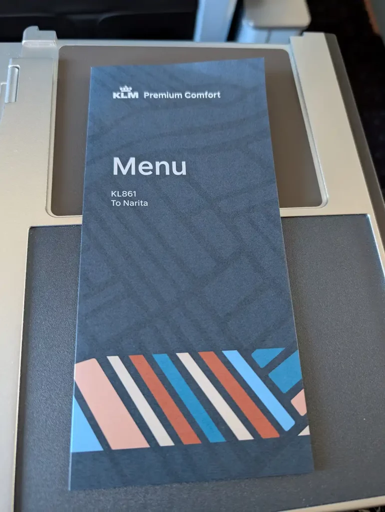 A paper menu for a KLM flight to Tokyo Narita