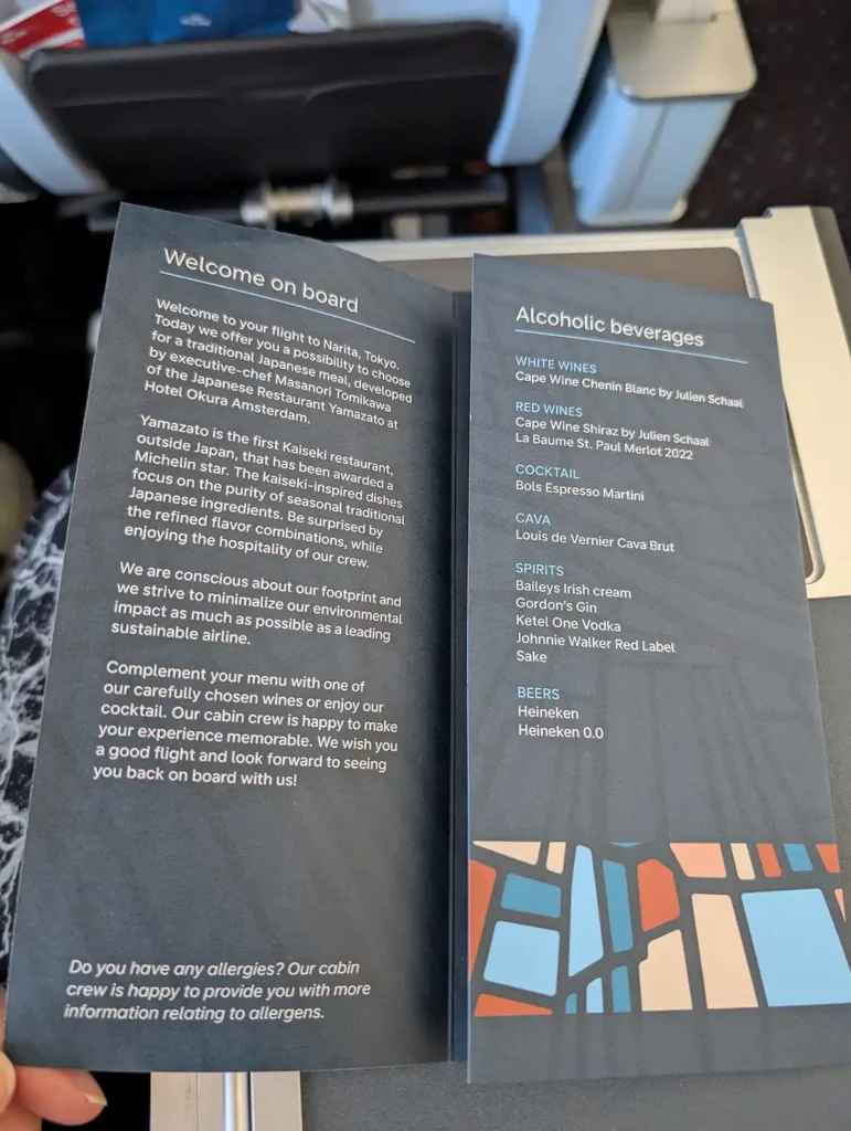 The menu, with details of the alcoholic drinks available on the flight