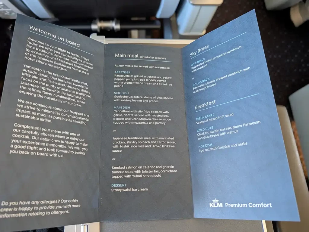 The KLM Premium Comfort menu for our flight from Amsterdam to Tokyo Narita in November 2024