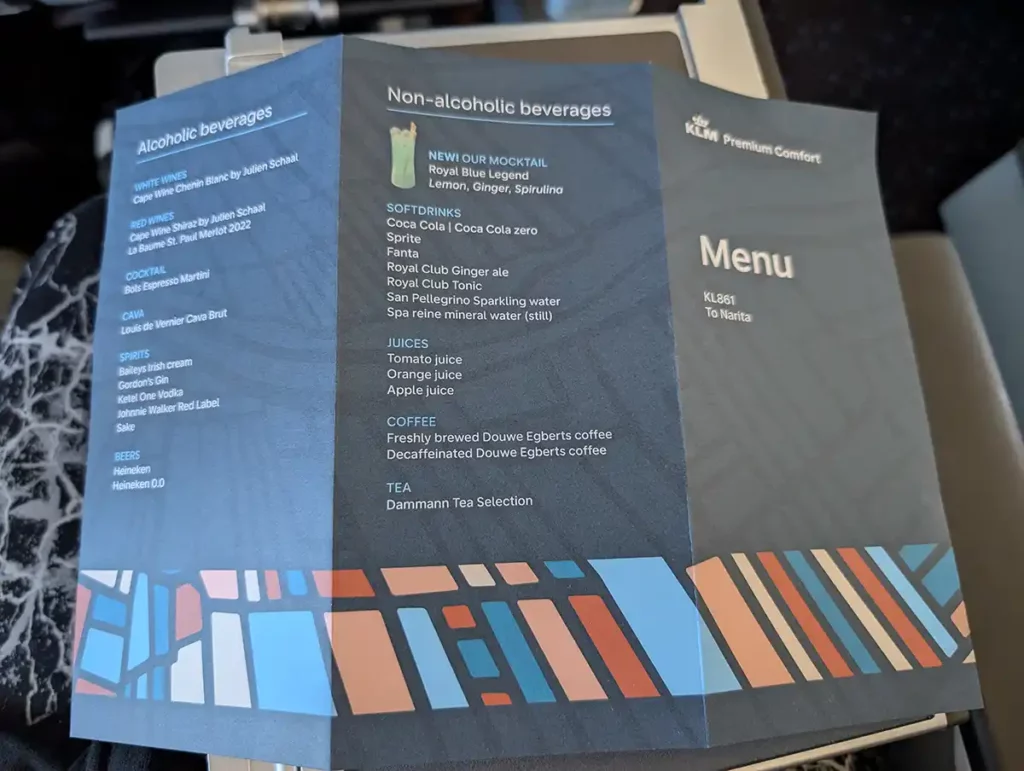 The KLM Premium Comfort drinks menu for my flight from Amsterdam to Tokyo Narita in November 2024