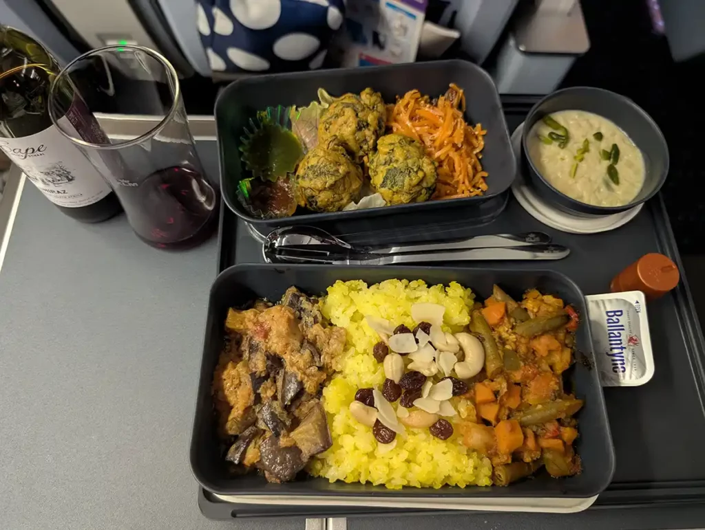 A premium economy meal on a KLM flight