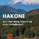 Hakone: should you take a day trip or stay overnight? A snow-capped, conical mountain looms above a beautiful lake with forested banks and a red Japanese torii gate