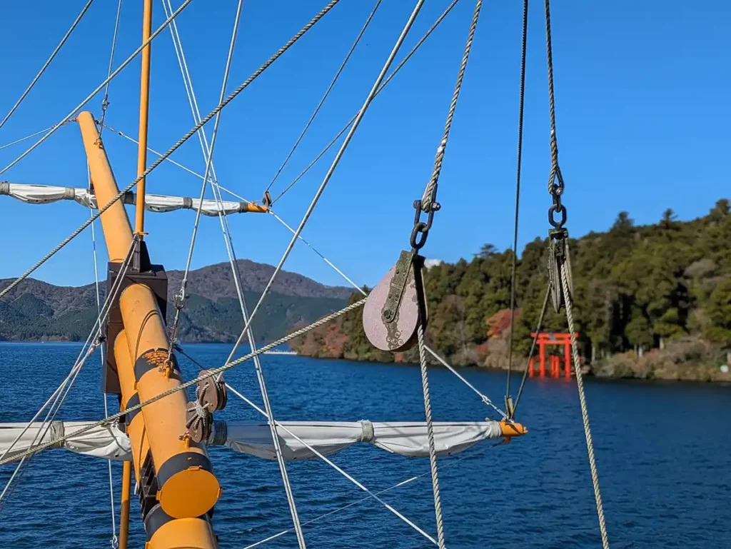 Sailing past Hakone's famous lakeside shrine on a pirate ship