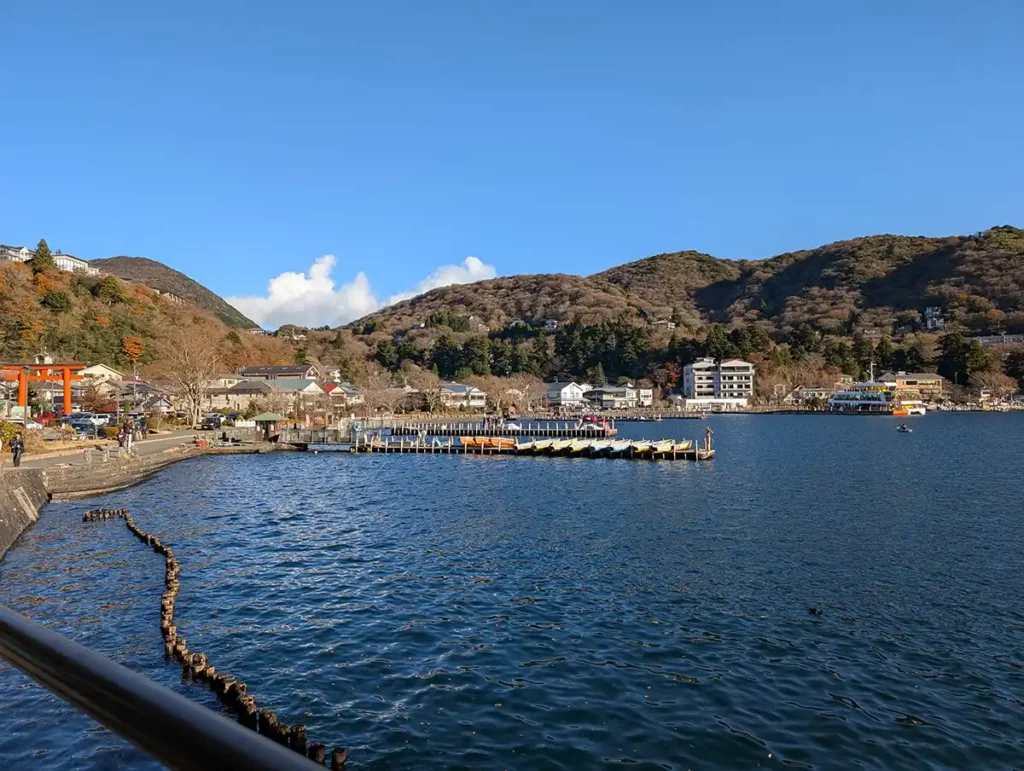 A village on a lake, with docks sticking out into the water