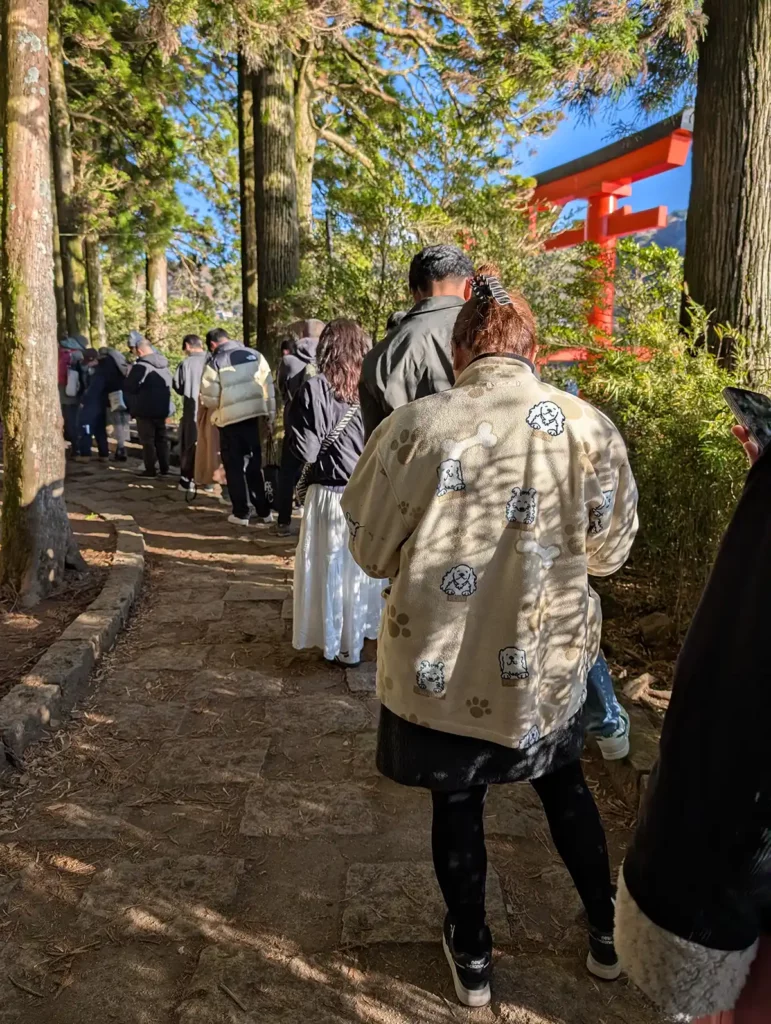 People queuing to take a photo at the iconic Hakone Shrine torii gate