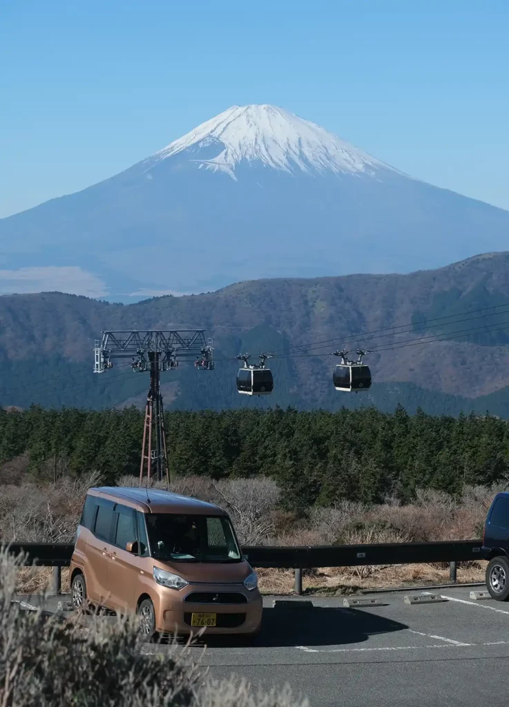 Mount Fuji, with cable cars crossing in front