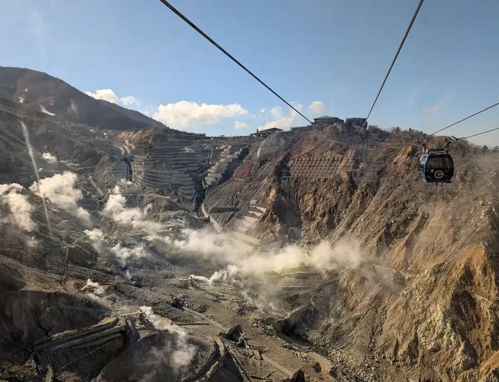 "Hell Valley" at Owakudani is another highlight of the Hakone loop. A cable car is travelling across a rocky, volcanic  valley, with steam rising out of sulphur vents.