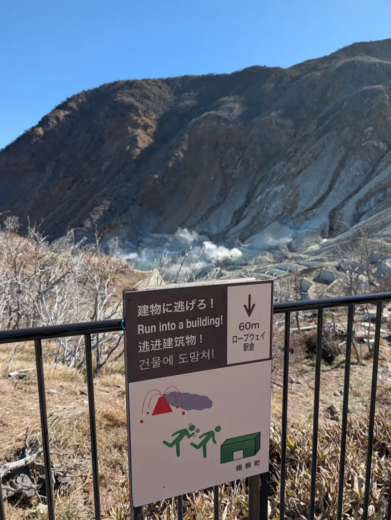 A sign telling visitors to run into a building if there's an eruption. The hillside in the background is steaming ominously.