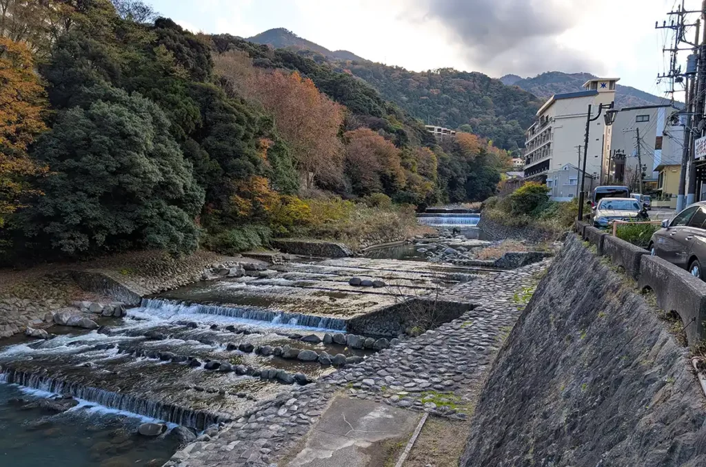 The river in Hakone-Yumoto. There are hotels and day onsen dotted all around the hillsides.