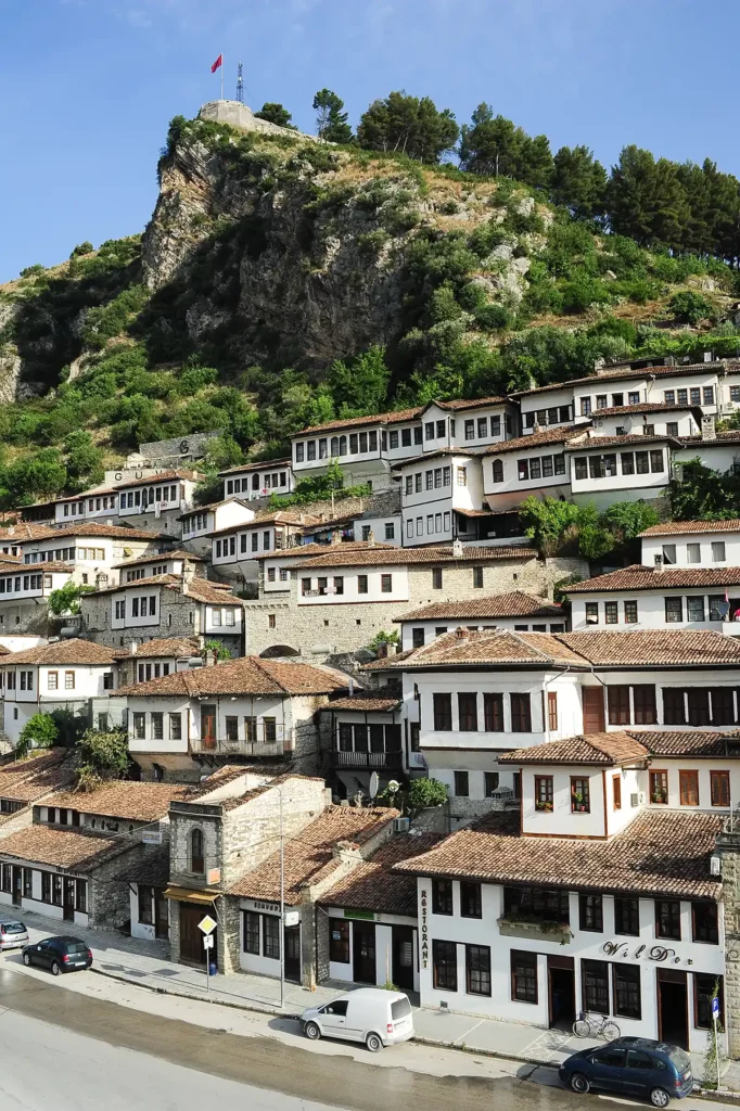 Old Ottoman-style houses on a hillside in Berat, Albania