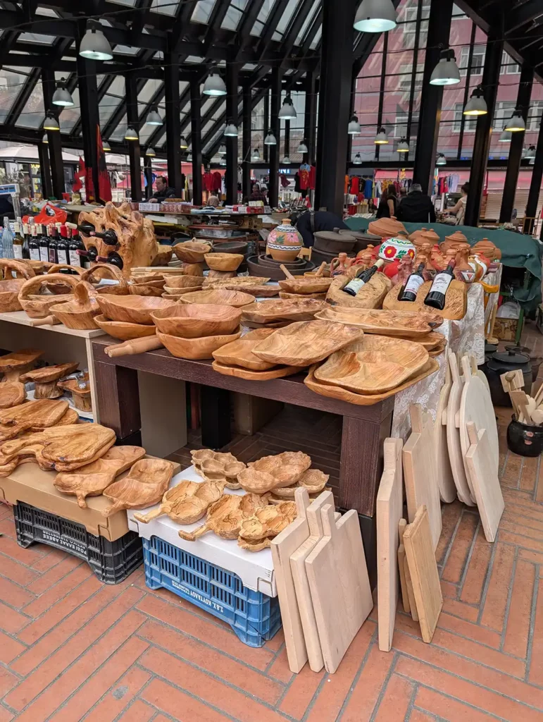 Wooden bowls for sale on a market stall