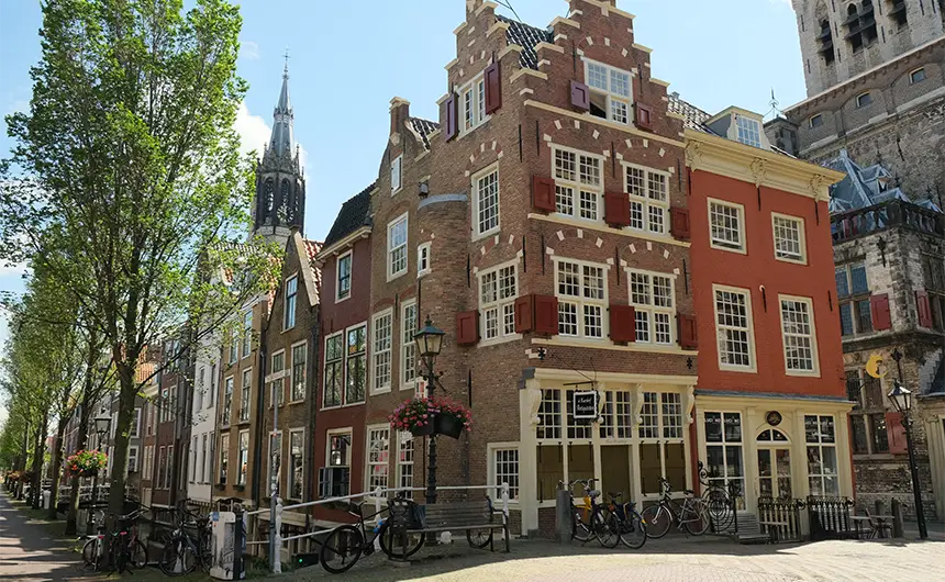 A canal street in Delft, one of the best day trips from Amsterdam